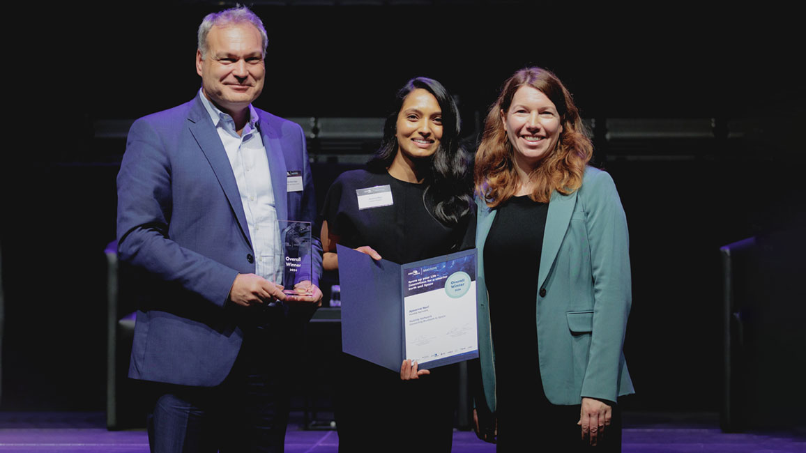 Dr. Walther Pelzer, DLR-Vorstand und Generaldirektor der Deutschen Raumfahrtagentur im DLR; Apoorva Nori, Head of Product, Hubble Network; Dr. Anna Christmann, Koordinatorin der Bundesregierung für die Deutsche Luft- und Raumfahrt. 